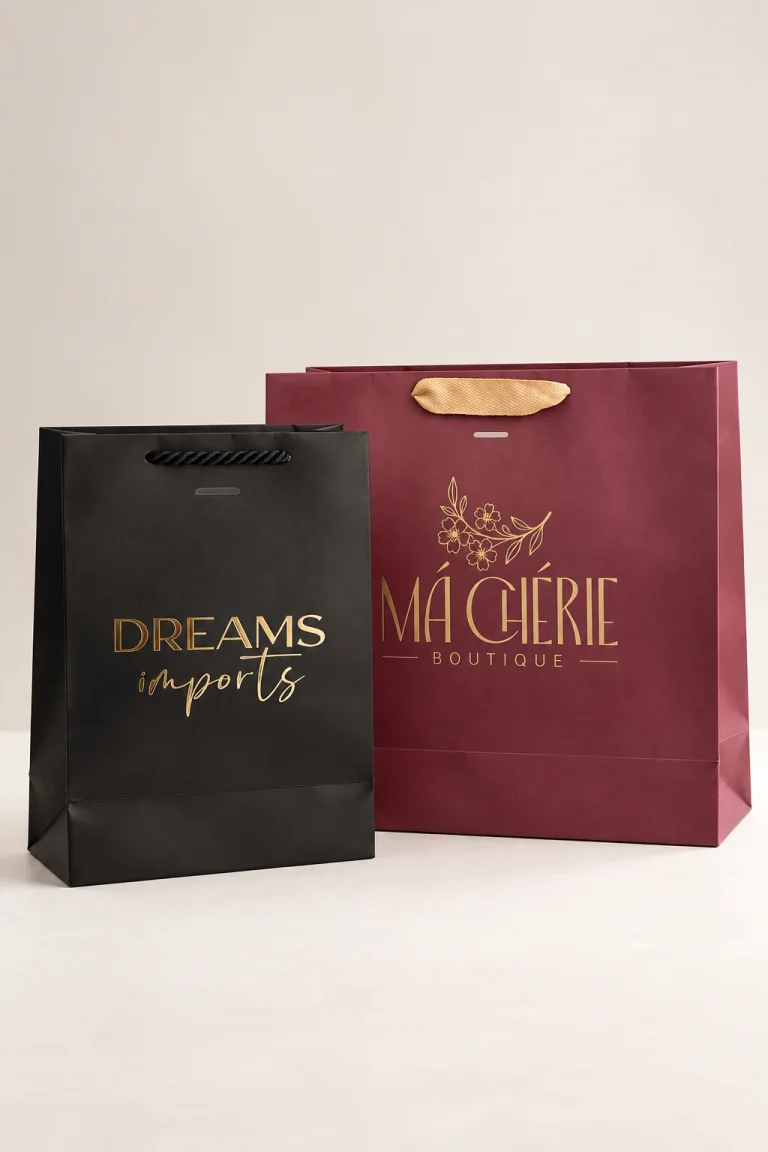Sacola preta Dreams Imports e sacola vinho Má Cherie Boutique com impressão dourada.