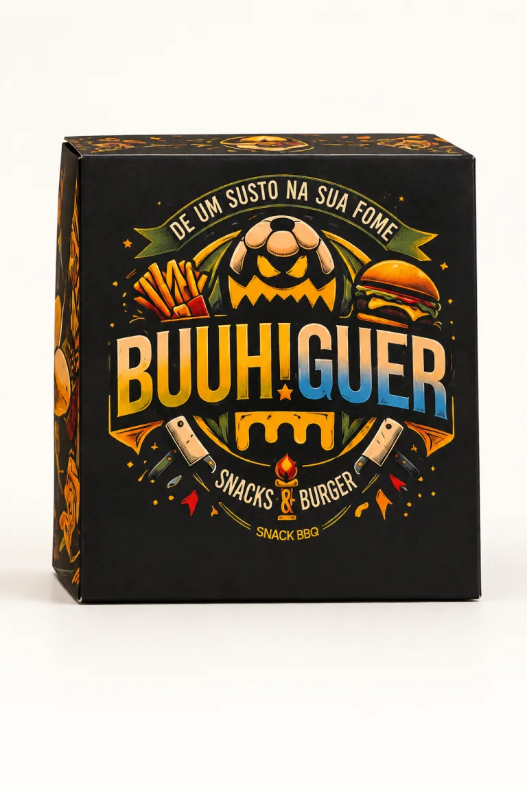 Embalagem delivery preta para hambúrguer com impressão colorida personalizada.