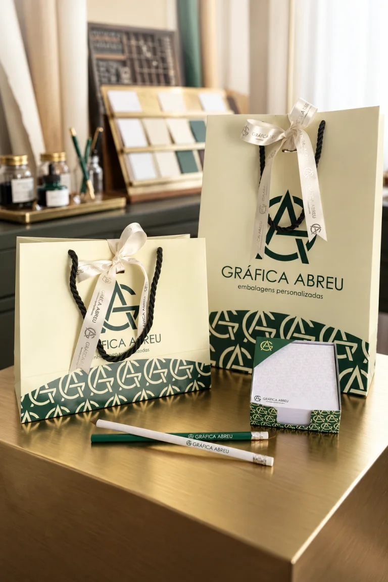 Kit institucional da Gráfica Abreu com sacolas, bloco e canetas personalizados.