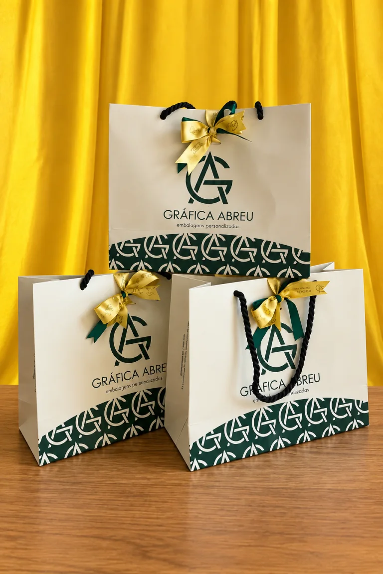 Três sacolas da Gráfica Abreu com impressão verde, alças pretas e laços dourados.
