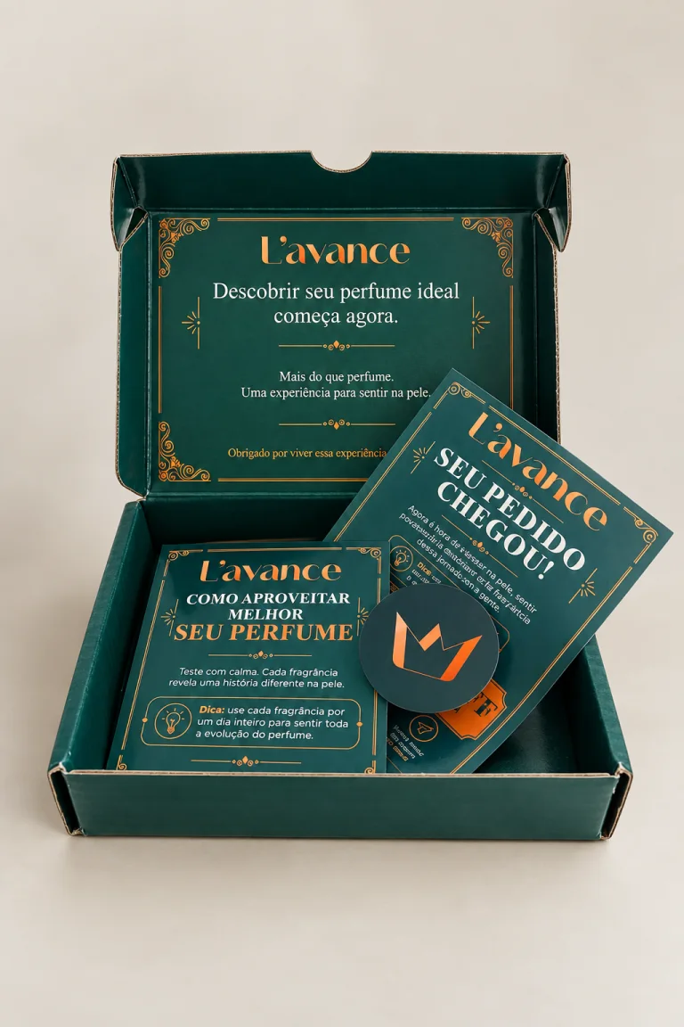 Caixa verde L’avance aberta, com folhetos e adesivo personalizados em seu interior.