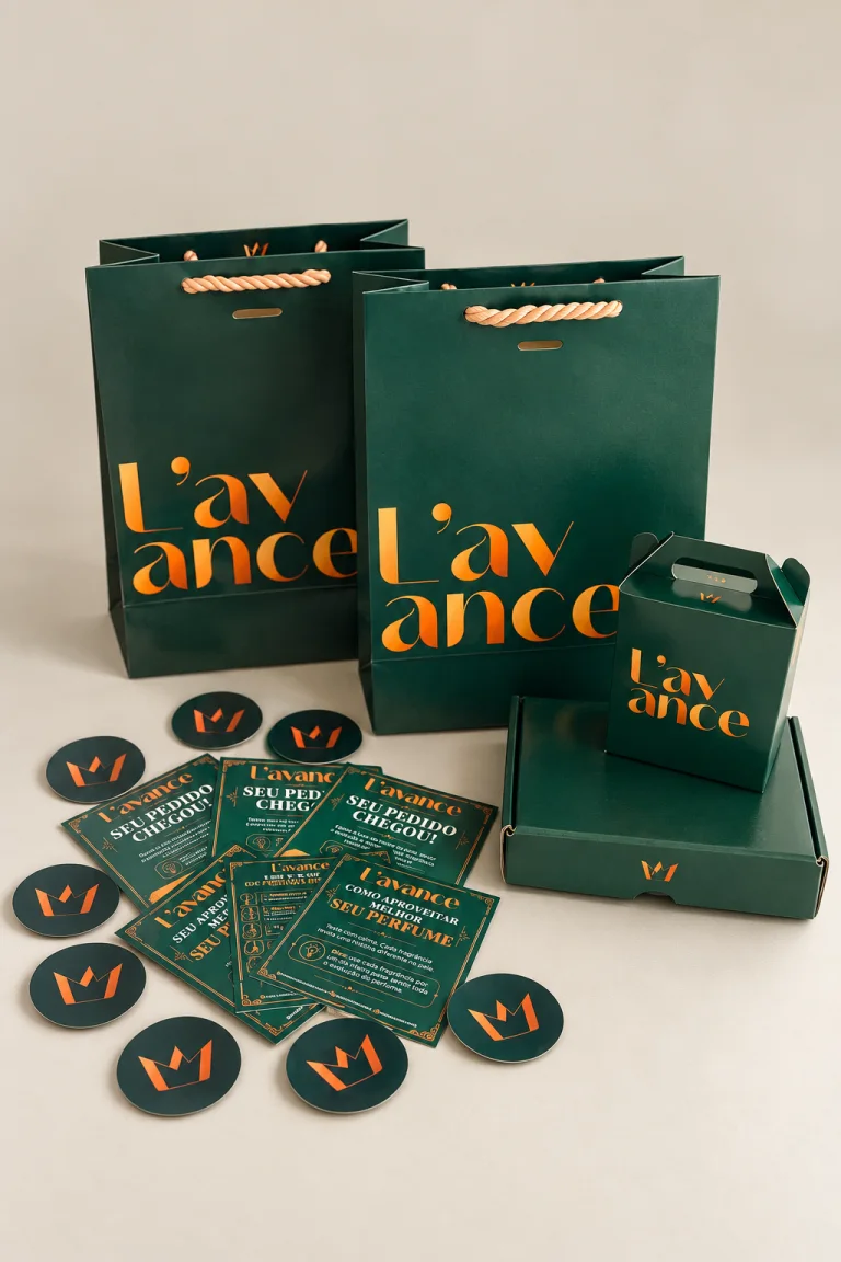 Linha completa L’avance com sacolas, caixa, folhetos, cartões e adesivos personalizados.