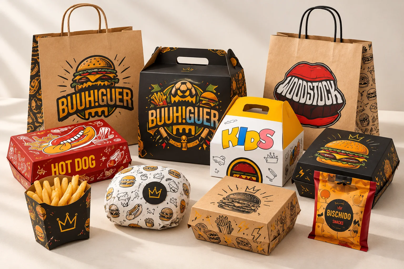 Mockup conceitual de linha delivery com sacolas kraft, caixas para hambúrguer, batata frita e lanche infantil.
