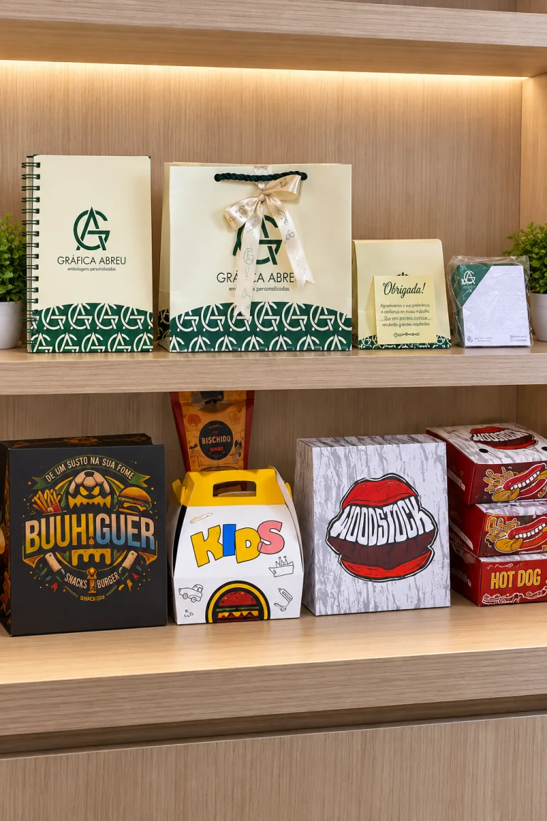Mostruário em madeira com sacolas, papelaria personalizada e diferentes embalagens para alimentos.