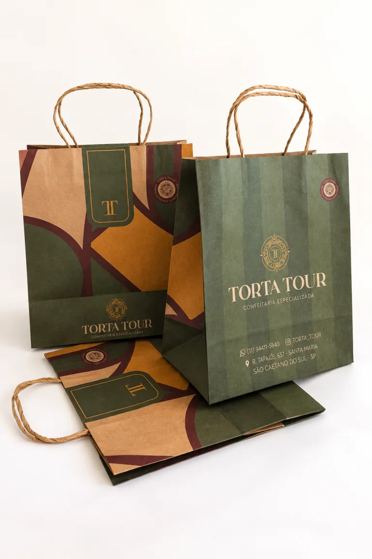 Conjunto de sacolas Torta Tour em papel kraft, com impressão verde, marrom e dourada.