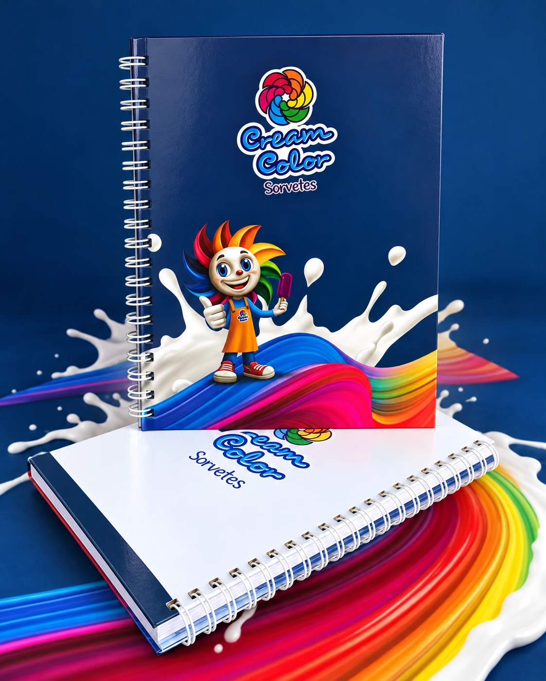 Dois cadernos personalizados da Cream Color Sorvetes com capas coloridas e encadernação wire-o.