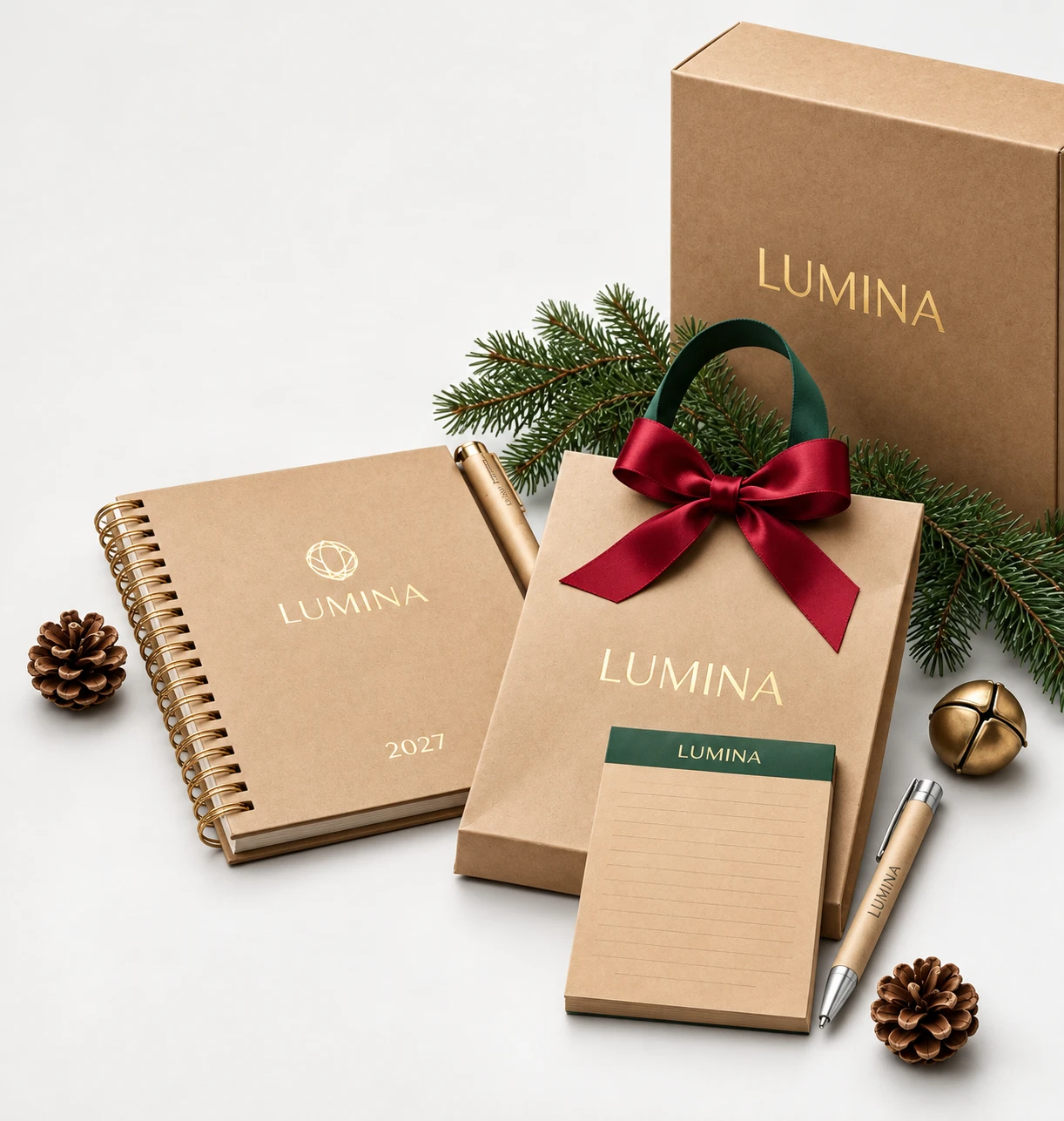 Kit corporativo Lumina com agenda, bloco, caixa kraft, caneta e laço vermelho.