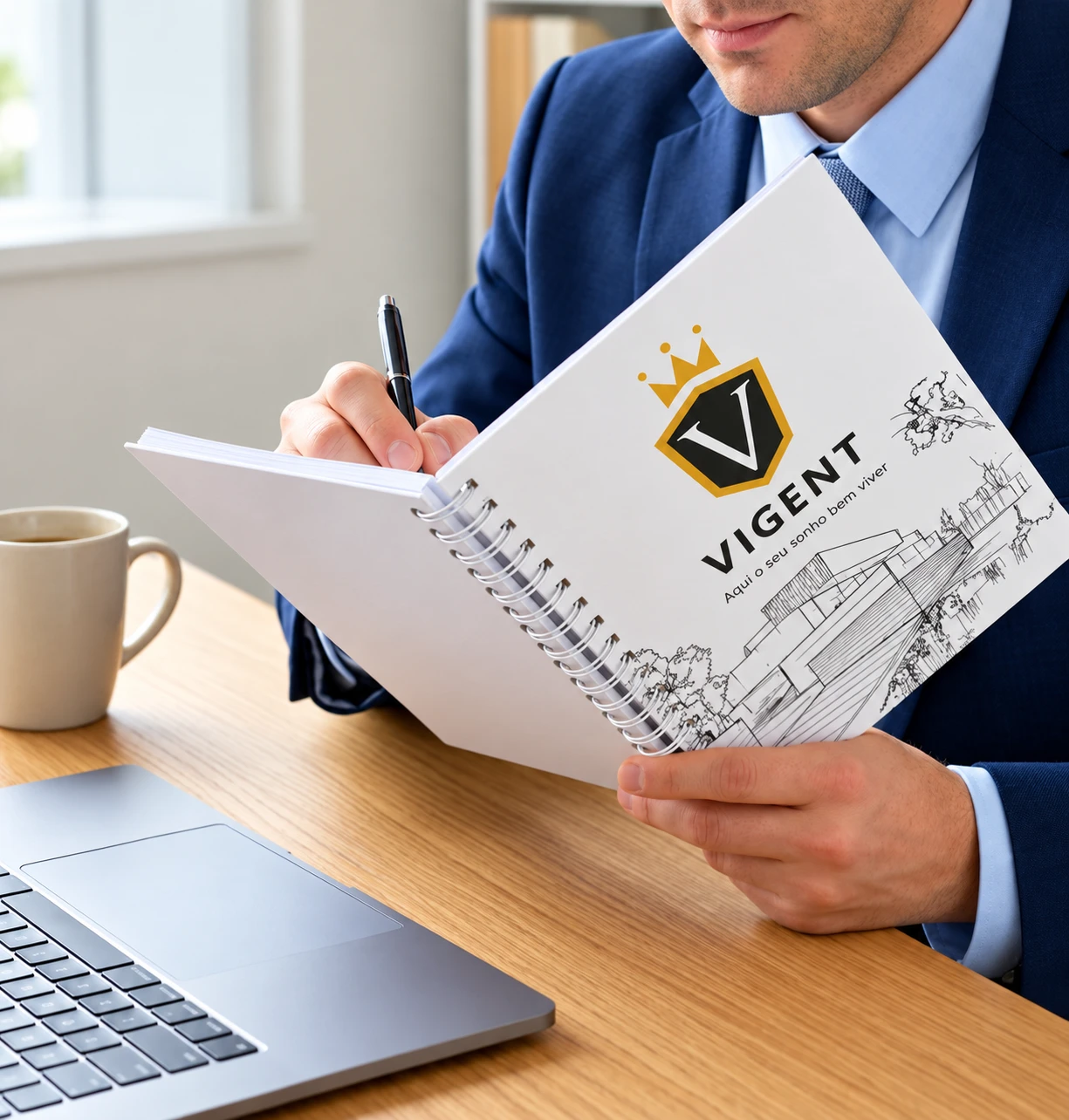 Profissional utilizando um caderno personalizado da Vigent com encadernação wire-o.