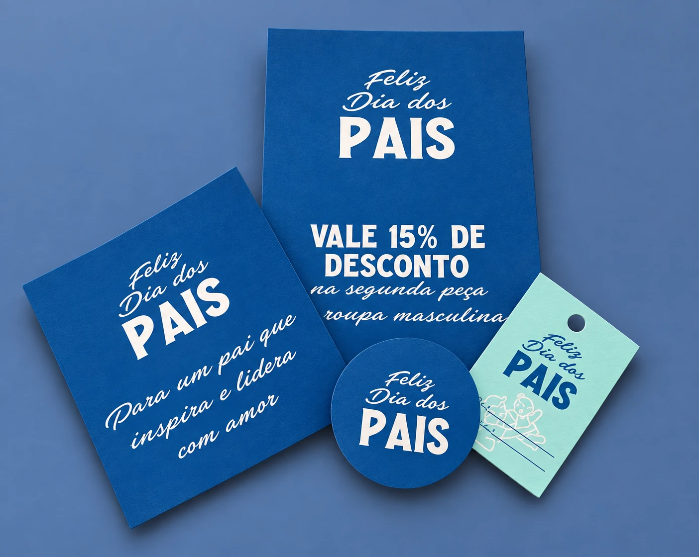 Conjunto promocional de Dia dos Pais com folheto, cartão, peça circular e tag.
