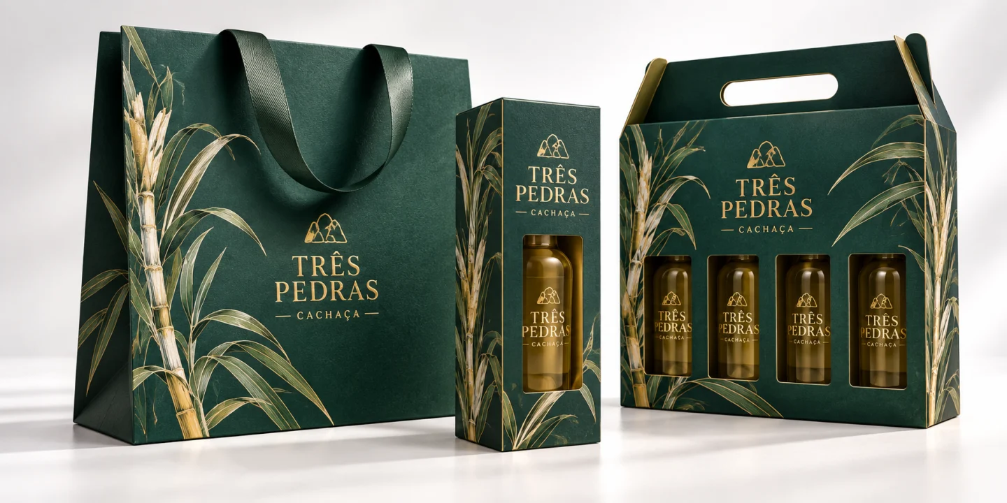Sacola e caixas Três Pedras com impressão verde e acabamento dourado