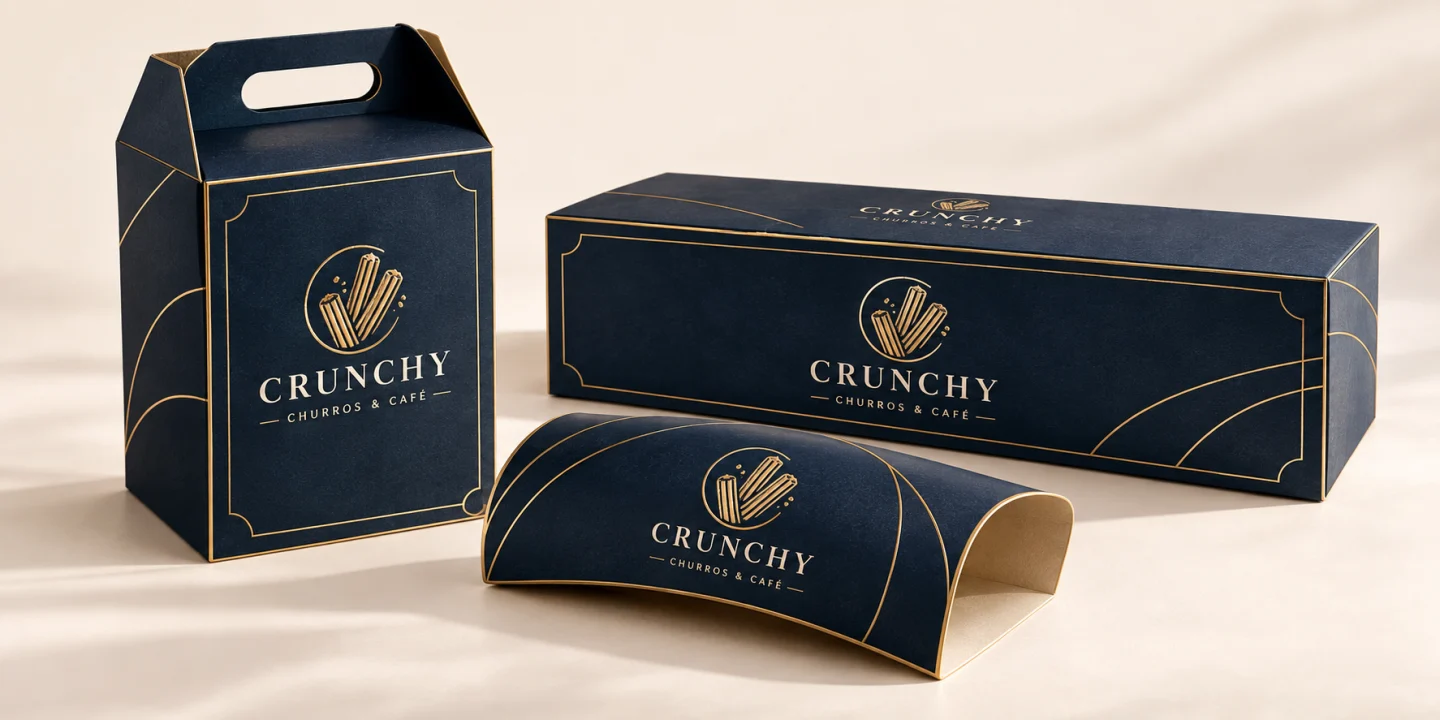 Conjunto de embalagens azul-marinho e dourado da Crunchy Churros e Café