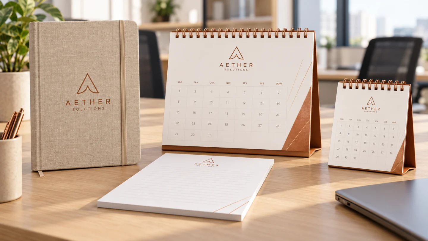 Kit Aether Solutions com agenda, calendários de mesa e bloco