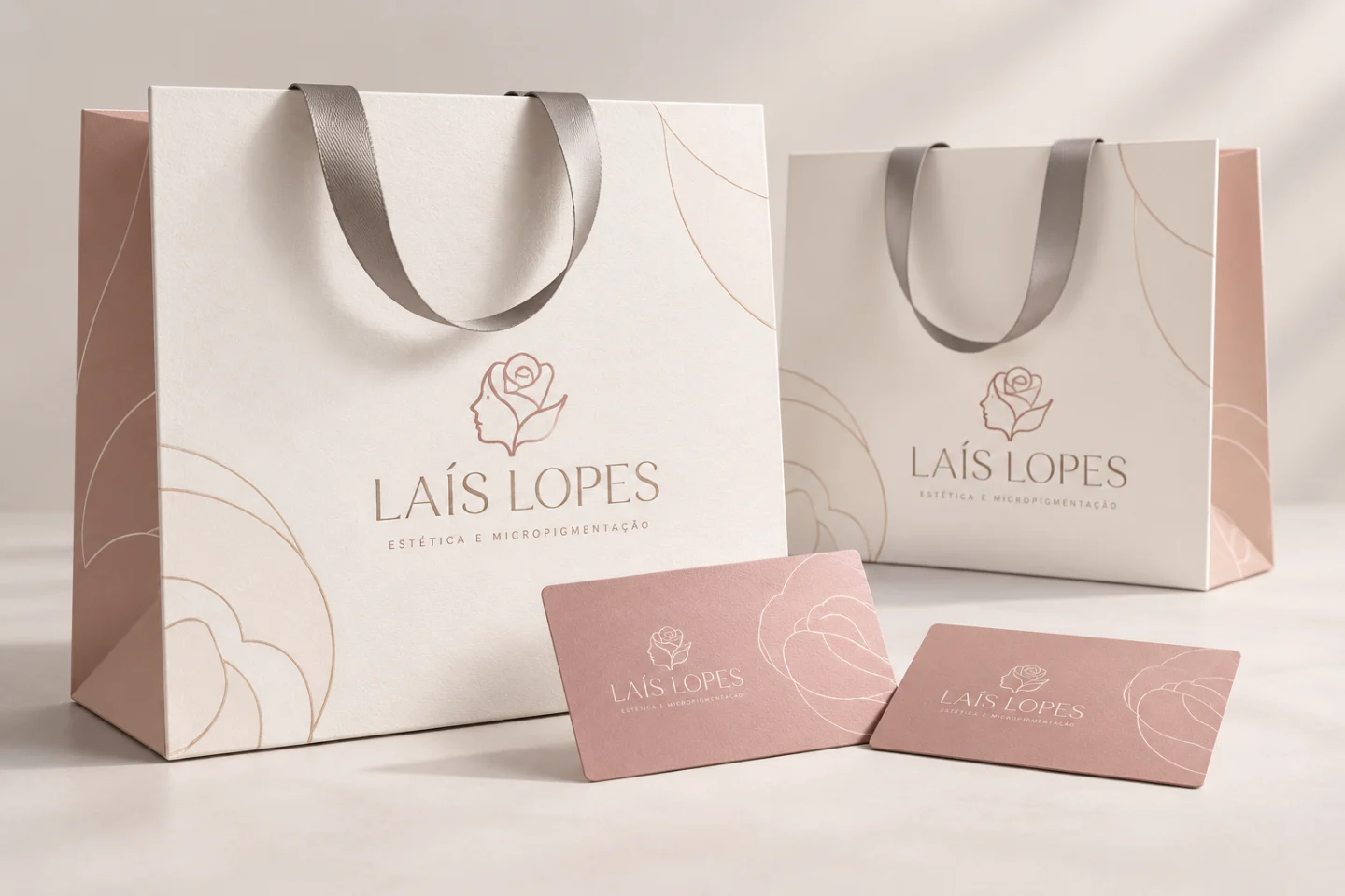 Sacolas e cartões personalizados da Laís Lopes em branco e rosa
