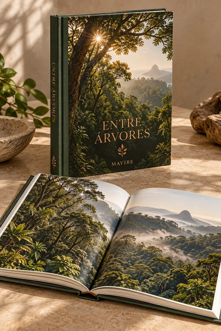 Mockup conceitual do livro Entre Árvores da marca fictícia Mavire com exemplar aberto.