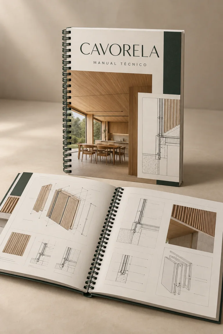 Mockup conceitual da marca fictícia Cavorela com manual técnico em wire-o e páginas de diagramas.
