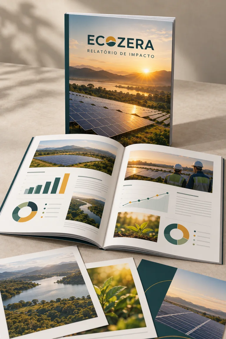 Mockup conceitual da marca fictícia Ecozera: relatório de impacto com capa de energia solar, páginas e gráficos.