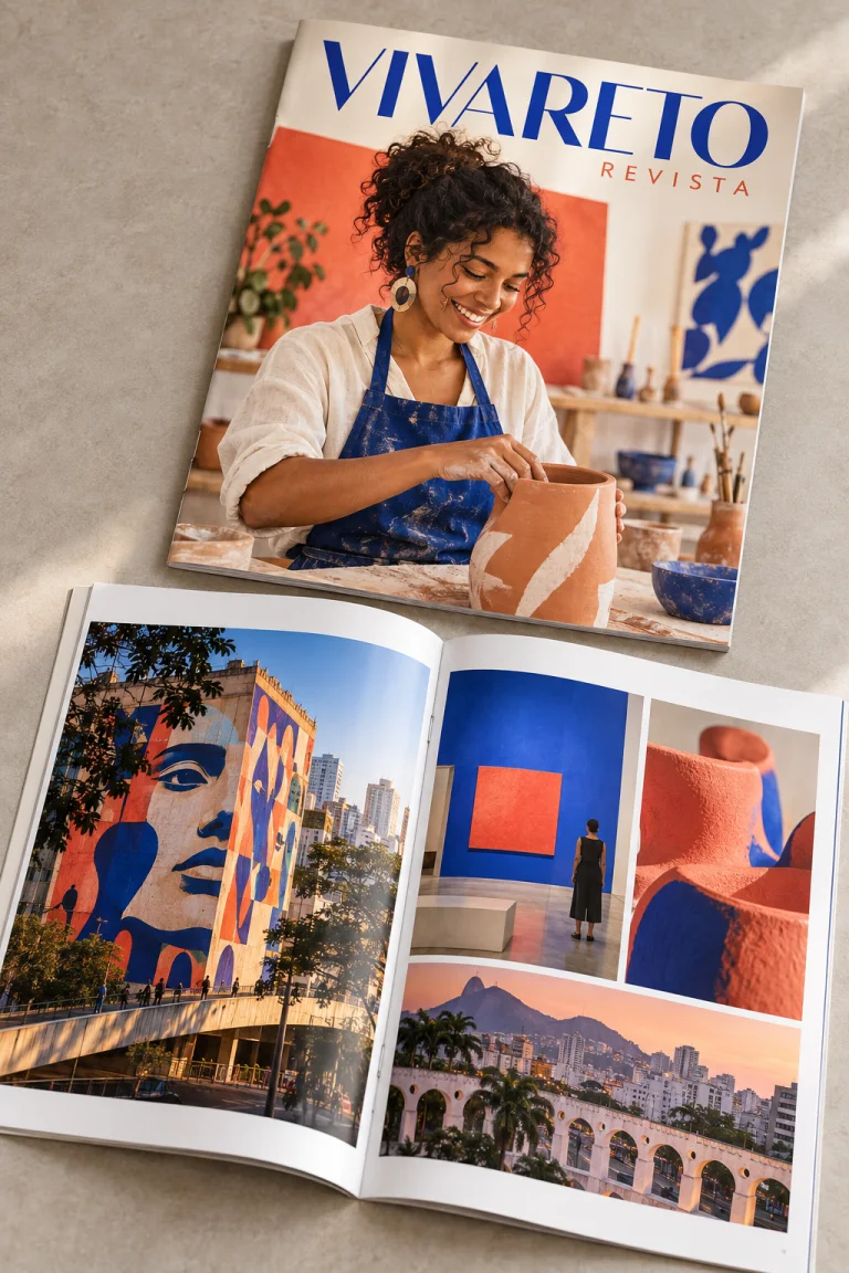 Mockup conceitual da revista Vivareto com capa fotográfica e páginas abertas.