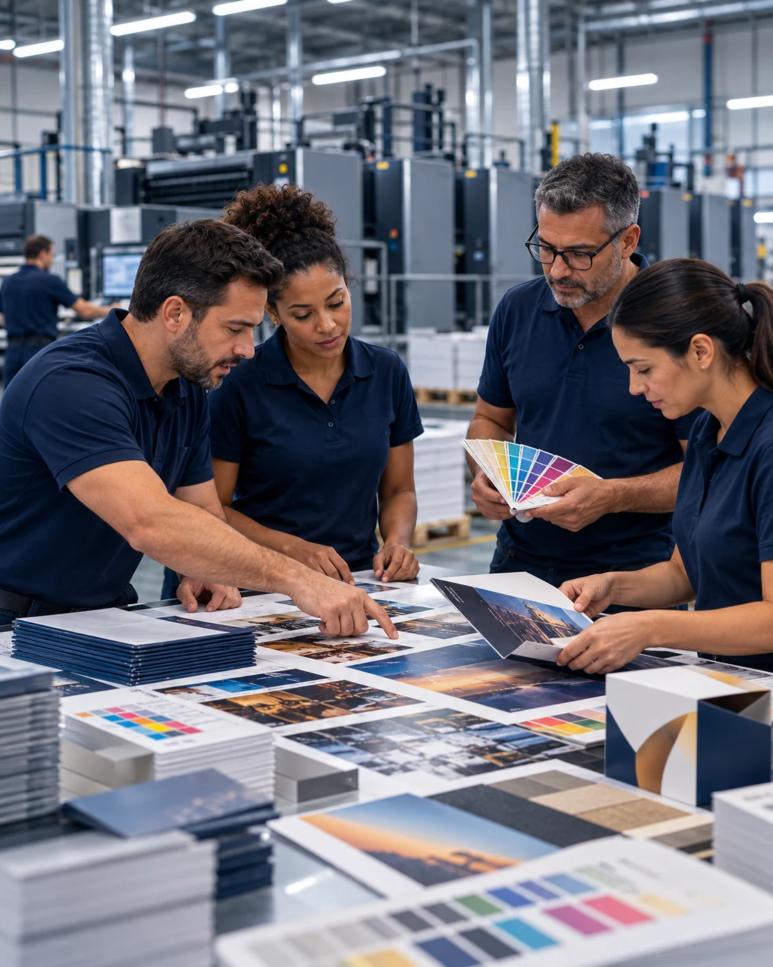 Equipe da Gráfica Abreu avaliando provas de cor e materiais impressos.